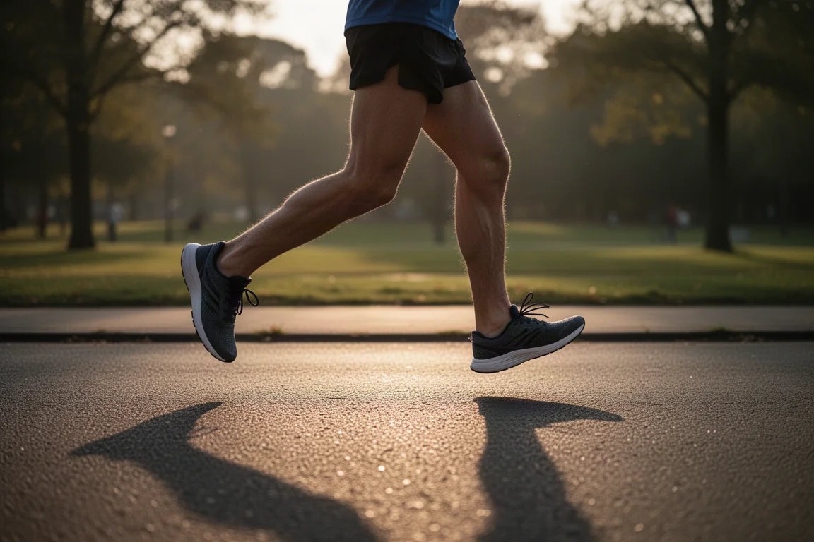 Apoyo de mediopié de un corredor sobre asfalto durante una carrera suave al atardecer