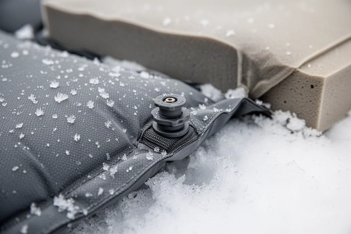 Nahaufnahme des Ventils einer Isomatte und einer Stoffnaht auf Schnee