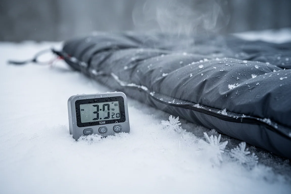 Digitales Thermometer mit tiefem Minuswert neben einer Isomatte auf Schnee