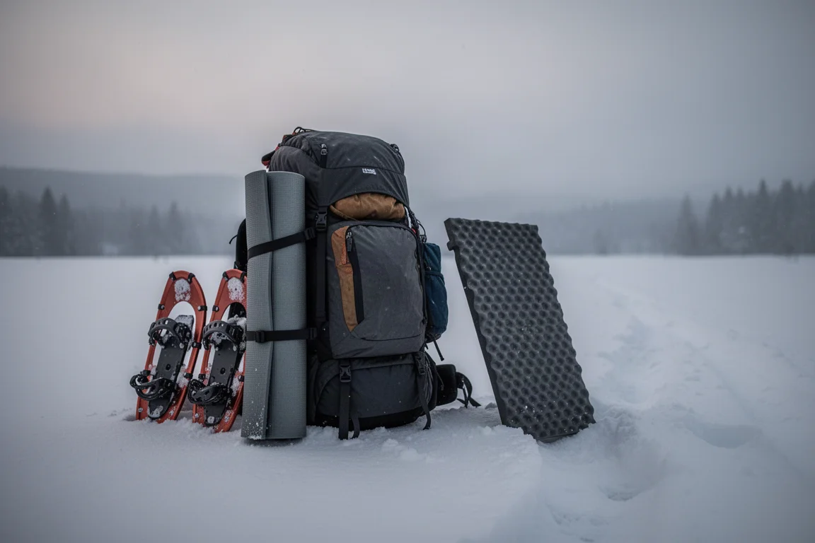 Zusammengerollte Isomatte an einem Winterrucksack befestigt im Neuschnee bei Dämmerung