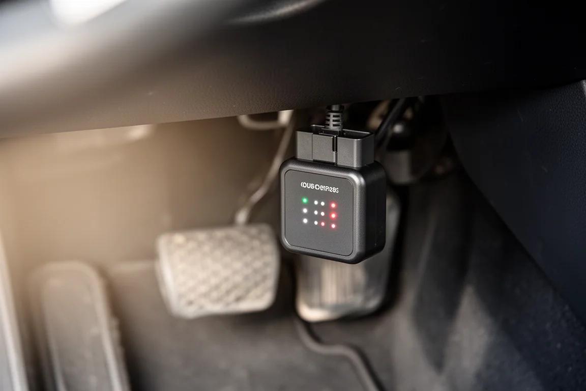OBD2 掃描器插入汽車儀錶板下方的診斷連接埠