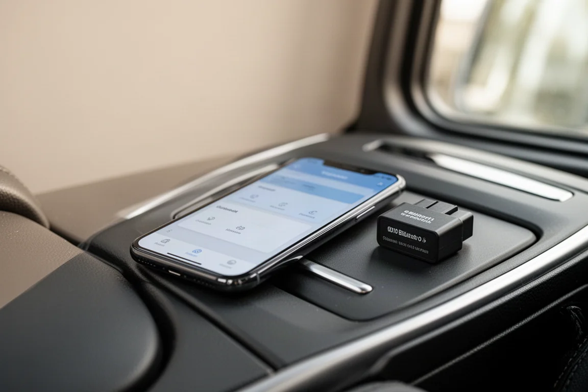 智能手機顯示診斷應用程式已連接至 Bluetooth OBD2 轉接器