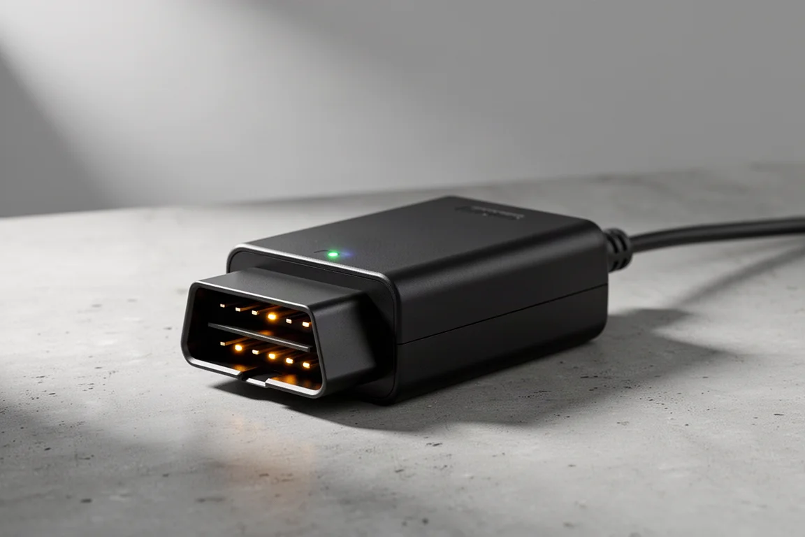 黑色小巧 OBD2 掃描器，接頭帶有 LED 照明，放置於水泥地面上