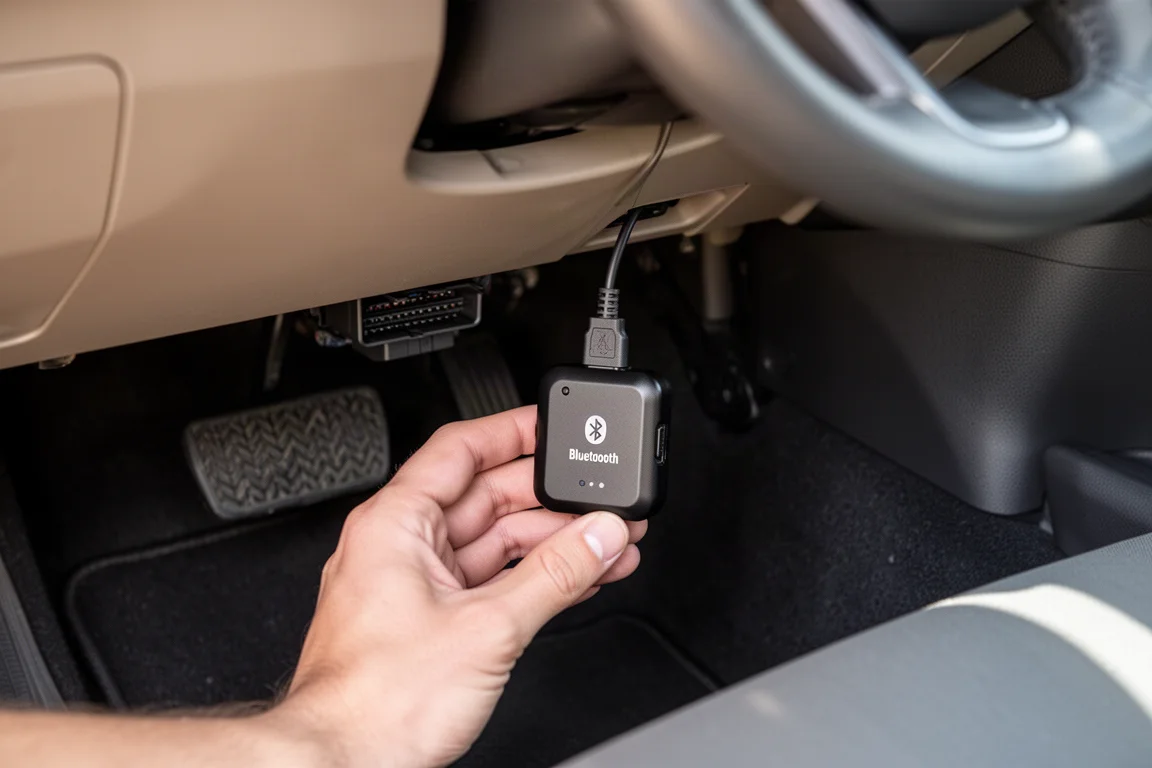 En förare kopplar in en liten OBD2-scanner i en port under bilens instrumentpanel