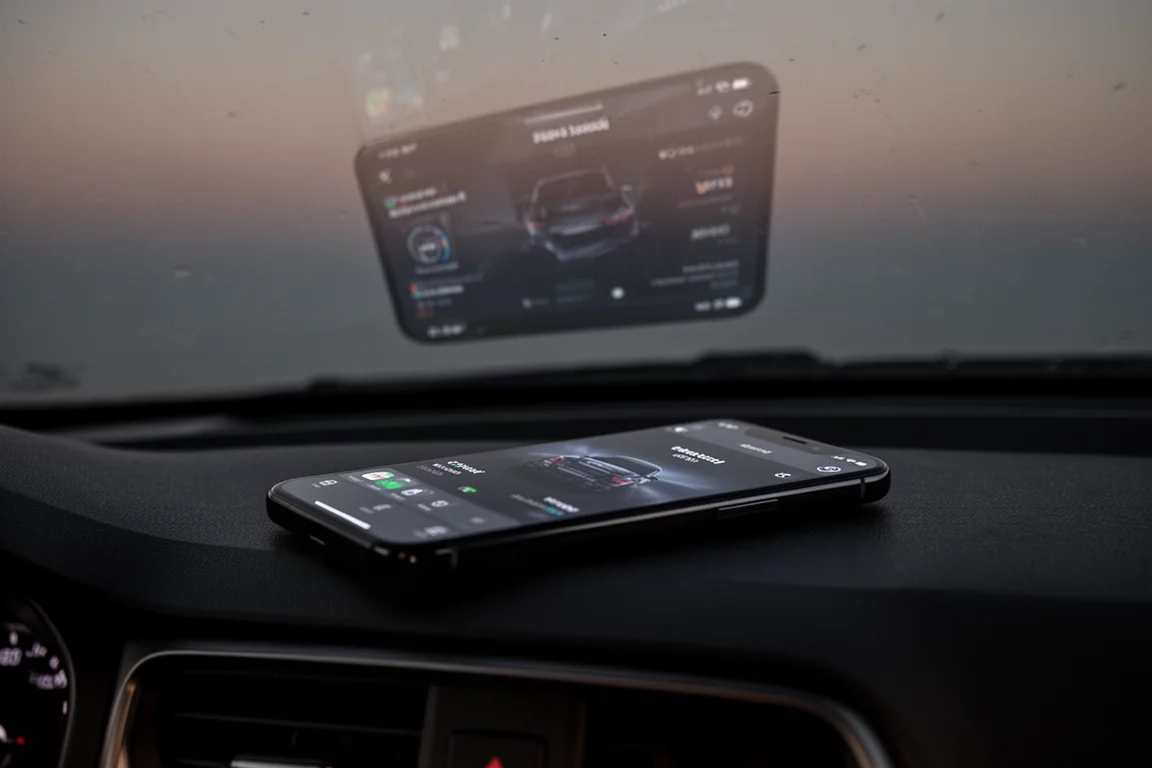 En smartphone monterad på bilens instrumentpanel visar ett upp-och-nedvänt HUD-gränssnitt