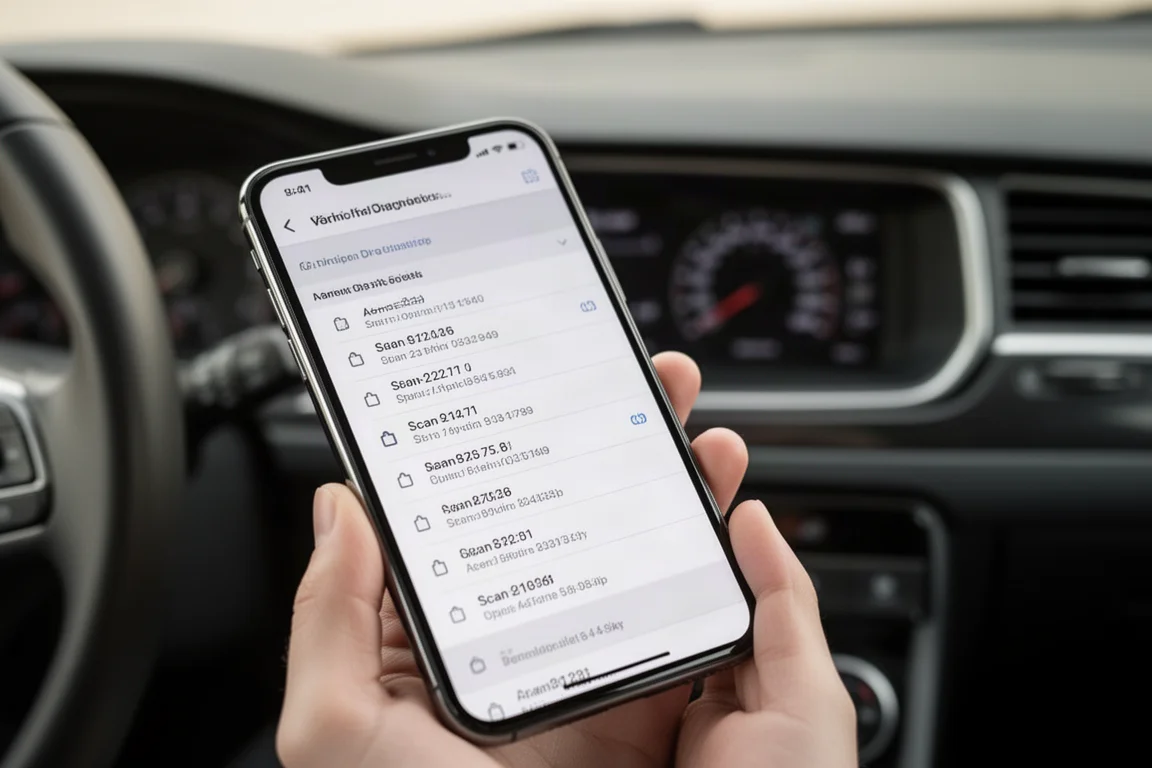En telefonskärm visar fordonsdiagnostik med felkoder
