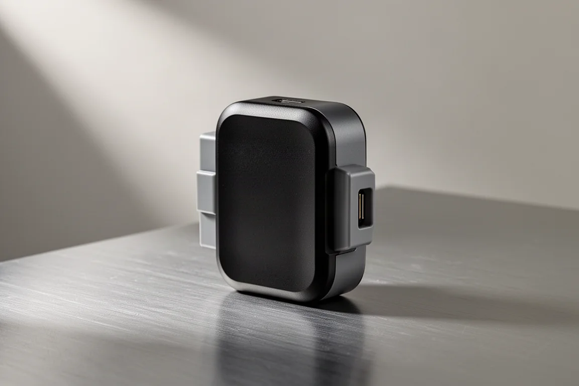 Compact black and grey Bluetooth OBD2 scanner on a brushed aluminium surface