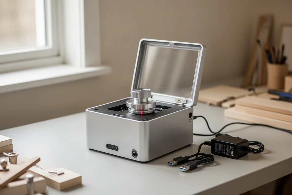 Compact desktop laser engraver with its lid open on a desk in a craft room