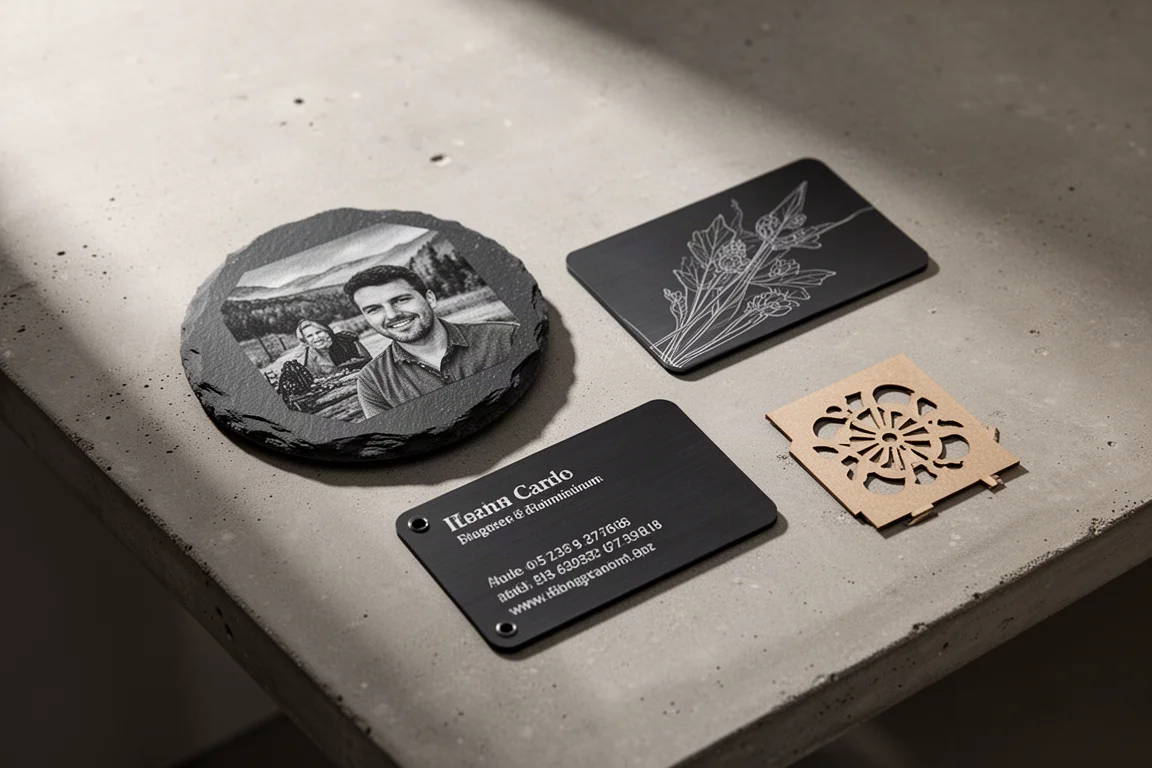 Engraved slate coaster and aluminum business card resting side by side on a desk