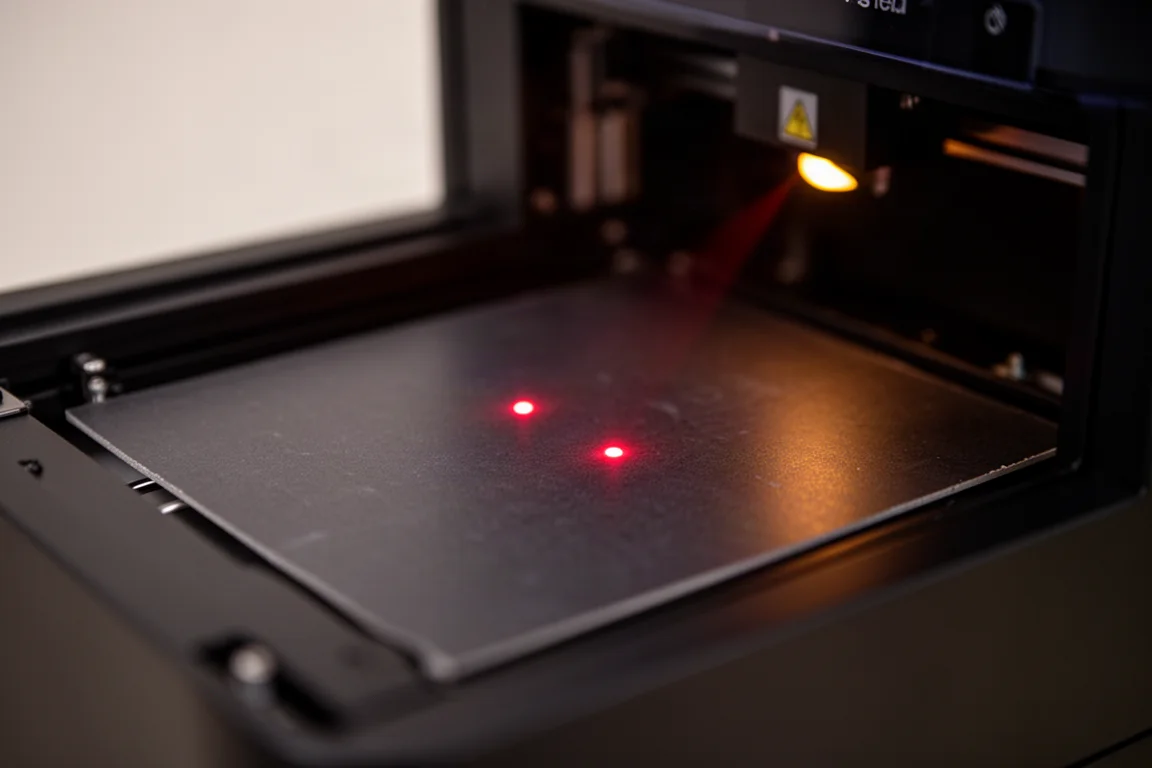 Two small alignment dots projected onto material inside the laser engraver