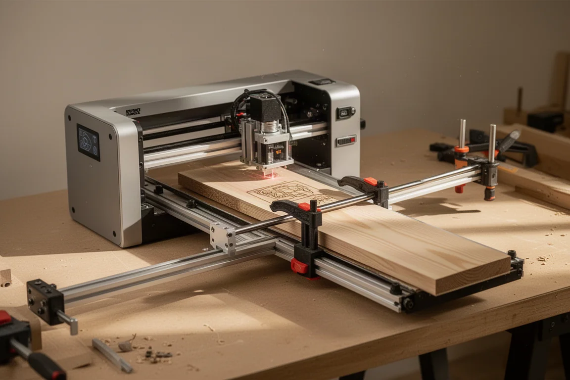 Slide extension attached to the laser engraver with clamped wood plank ready for a long cut