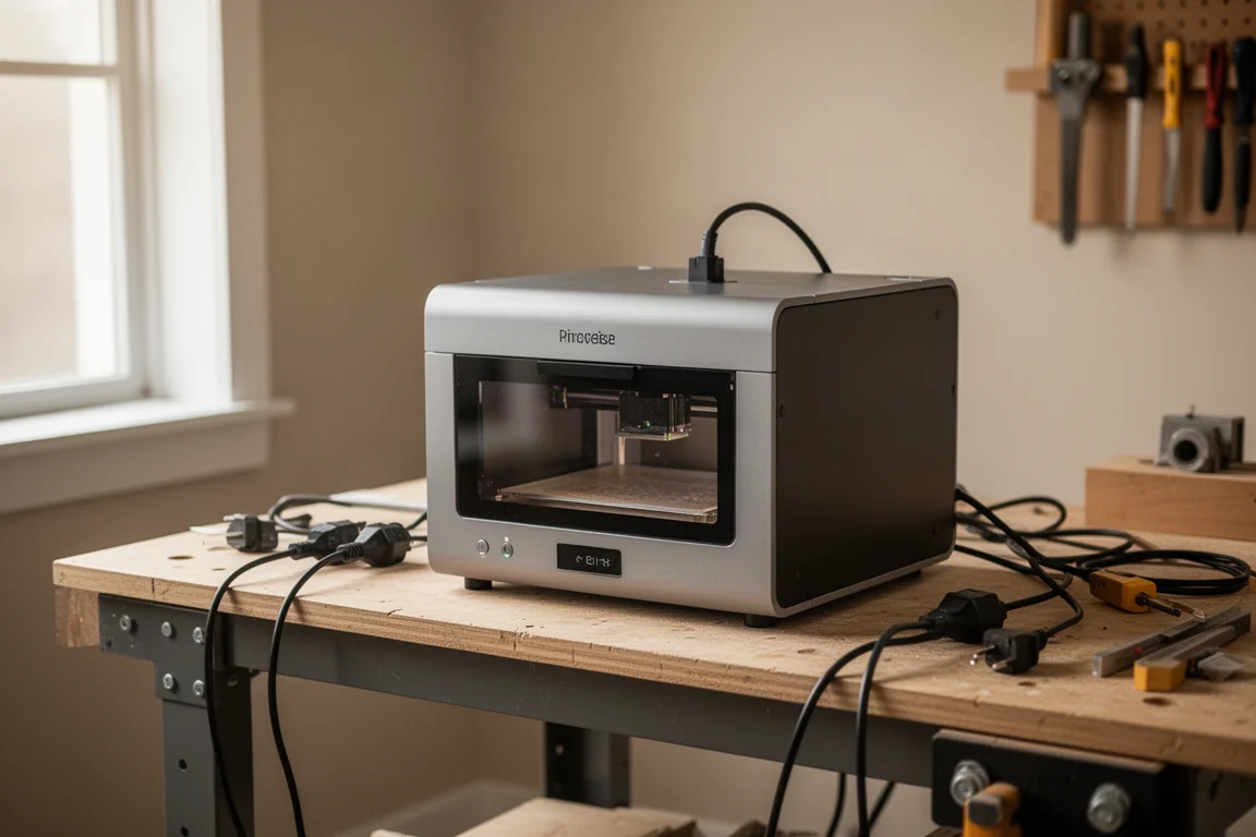 Compacte desktop lasergraveerder opgezet in een kleine werkplek