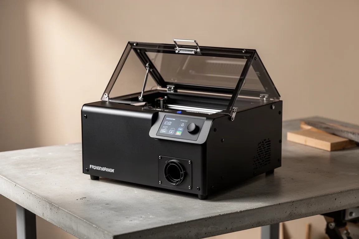 Compact black desktop laser engraver on a concrete workshop workbench