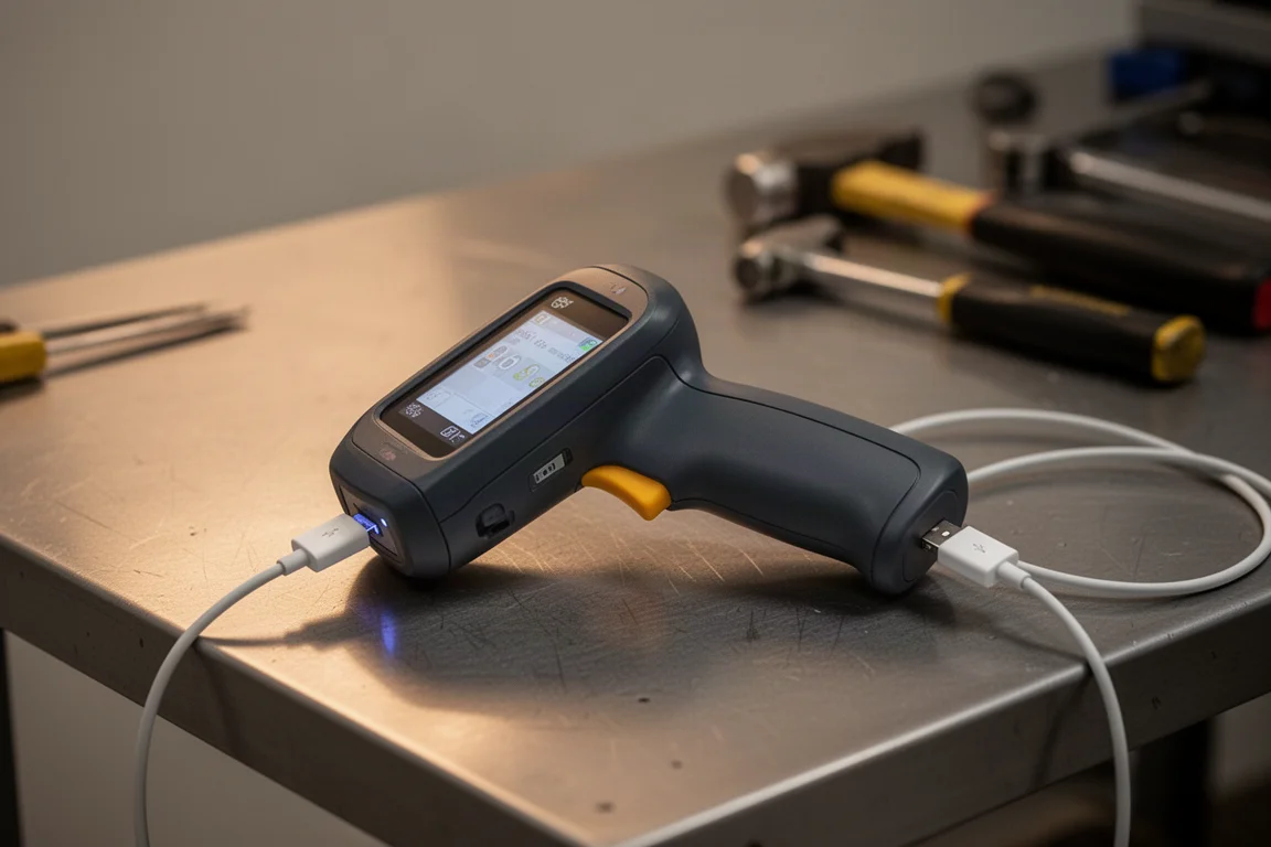 診斷掃描器在車庫工作桌上以 USB 線充電