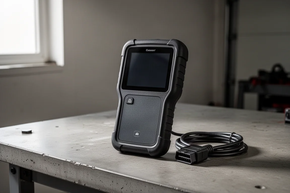 Handheld OBD2 diagnostic scanner with touchscreen and cable on a workbench