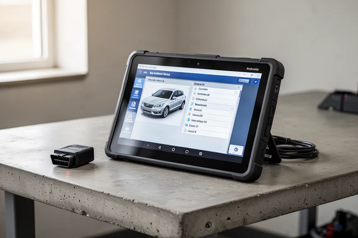 XTOOL IP900BT Diagnose-Tablet mit kabellosem VCI-Dongle auf einer Werkbank