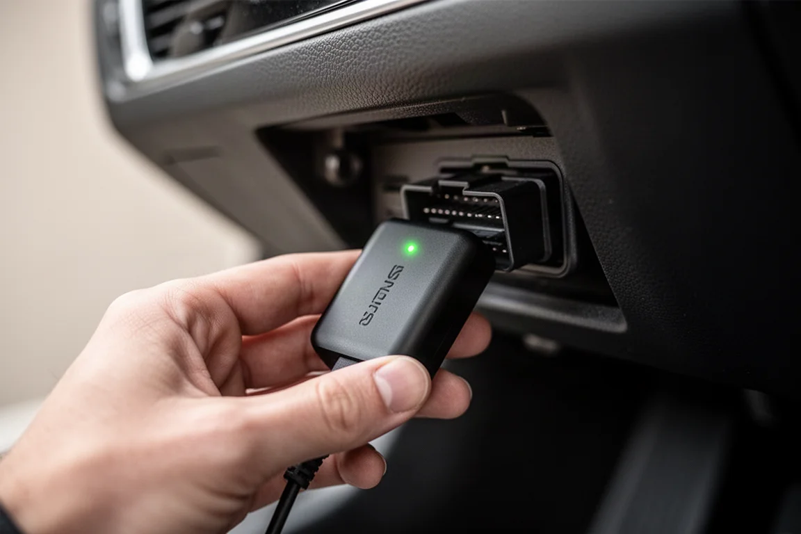 Hand verbindet kabellosen OBD-Dongle mit der Diagnosebuchse des Fahrzeugs unter dem Armaturenbrett