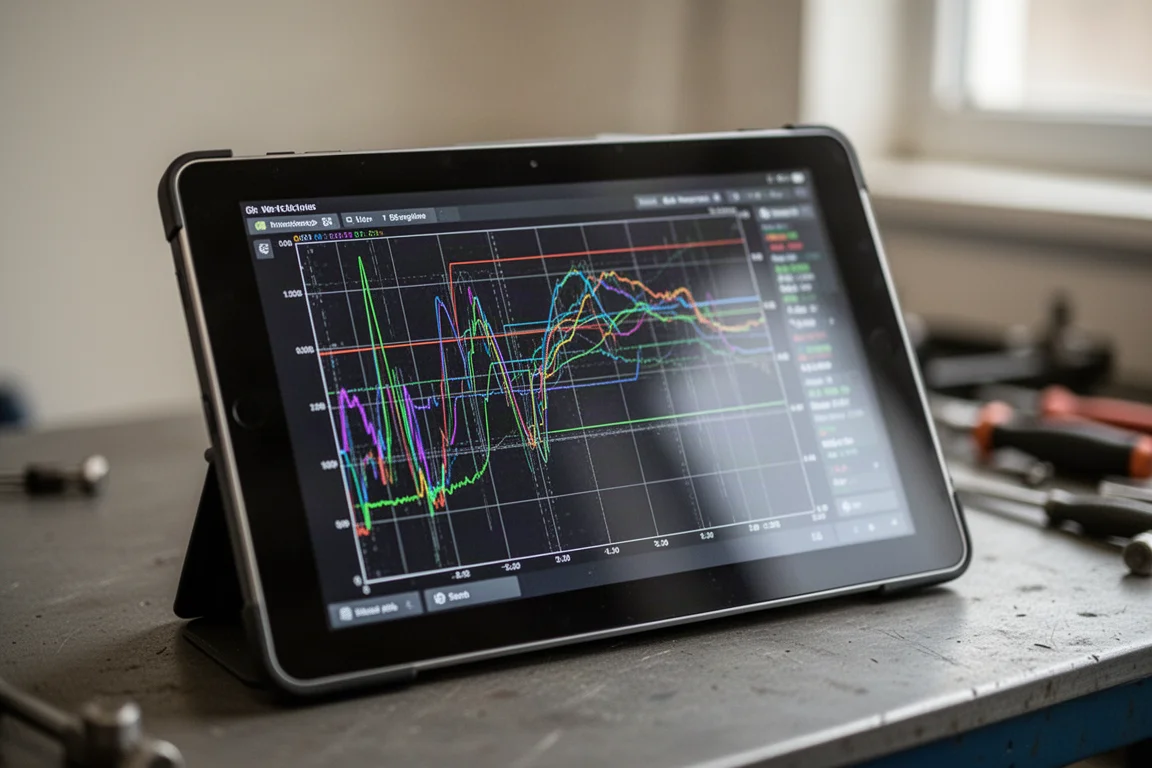 Diagnose-Tablet zeigt ein Live-Datendiagramm mit mehreren Motorparametern