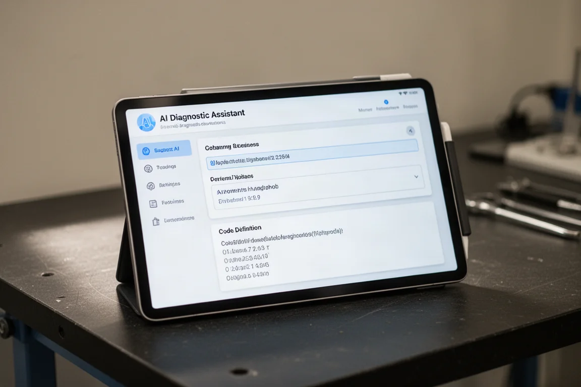 Diagnose-Tablet zeigt einen KI-Assistenten-Diagnosebericht zu einem Fahrzeugfehler