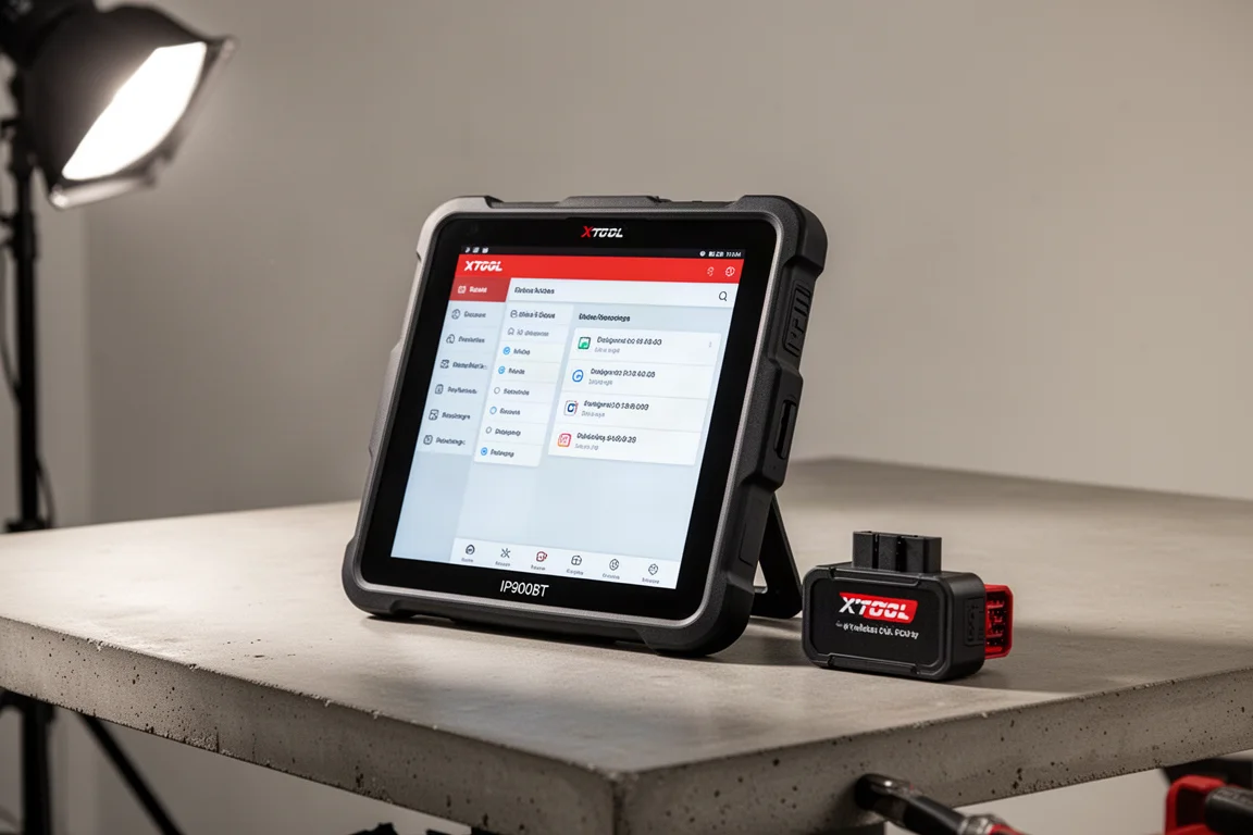 XTOOL IP900BT Diagnose-Tablet mit kabellosem VCI-Dongle auf einer Werkbank