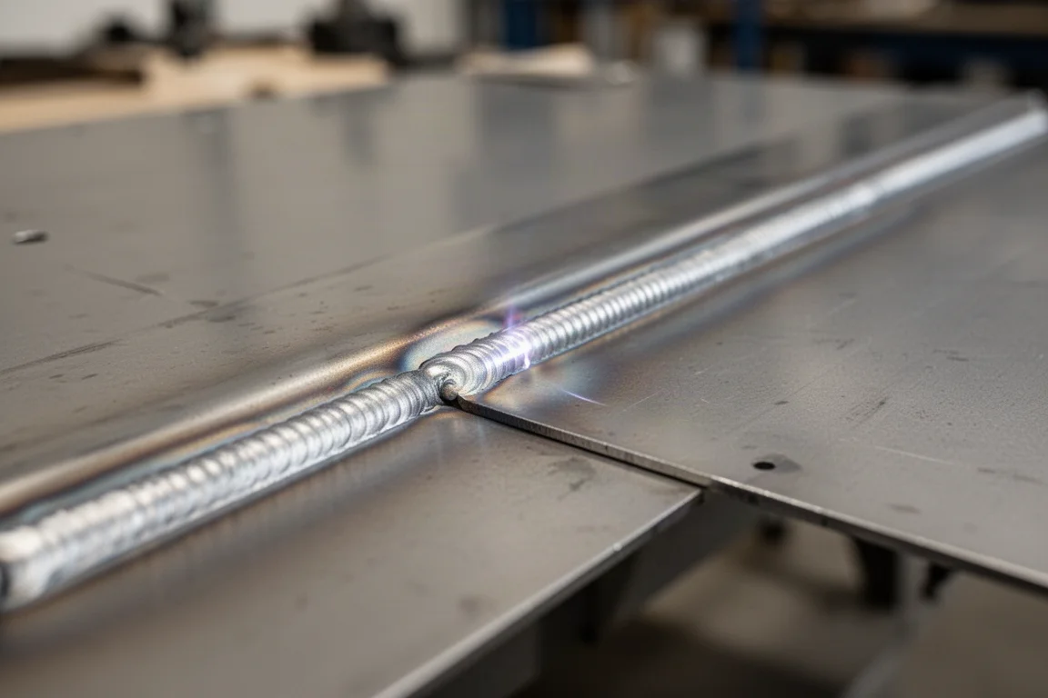 Close-up of a clean laser weld bead on stainless steel sheet metal