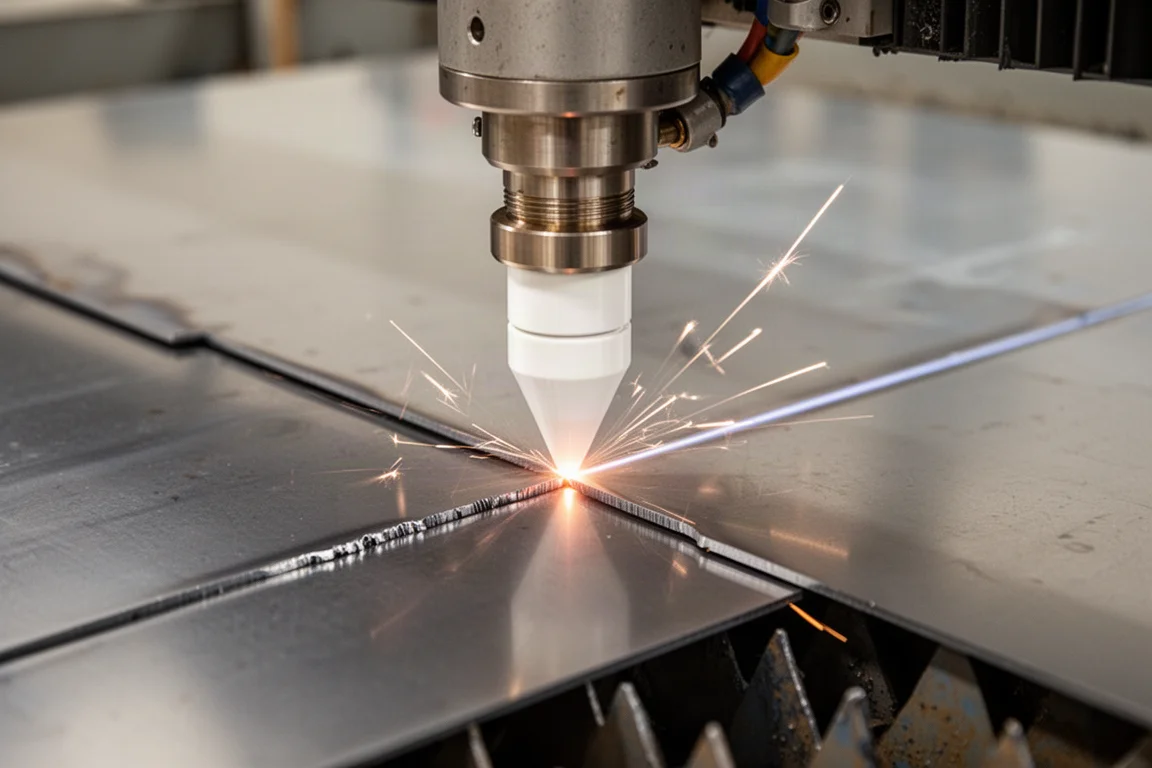 Laser welder cutting a precise shape from a sheet of stainless steel