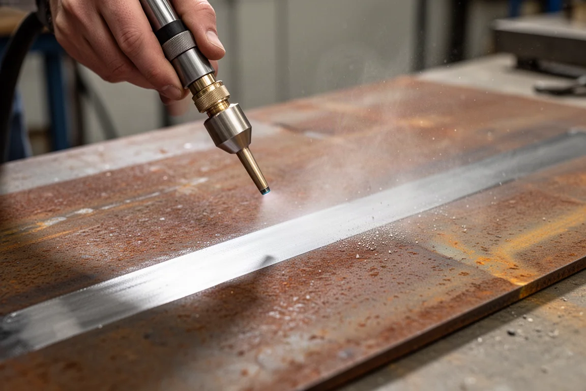 Laser cleaning nozzle removing rust from a steel plate