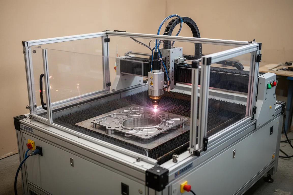 Laser welder connected to a CNC cutting cabinet cutting a metal part