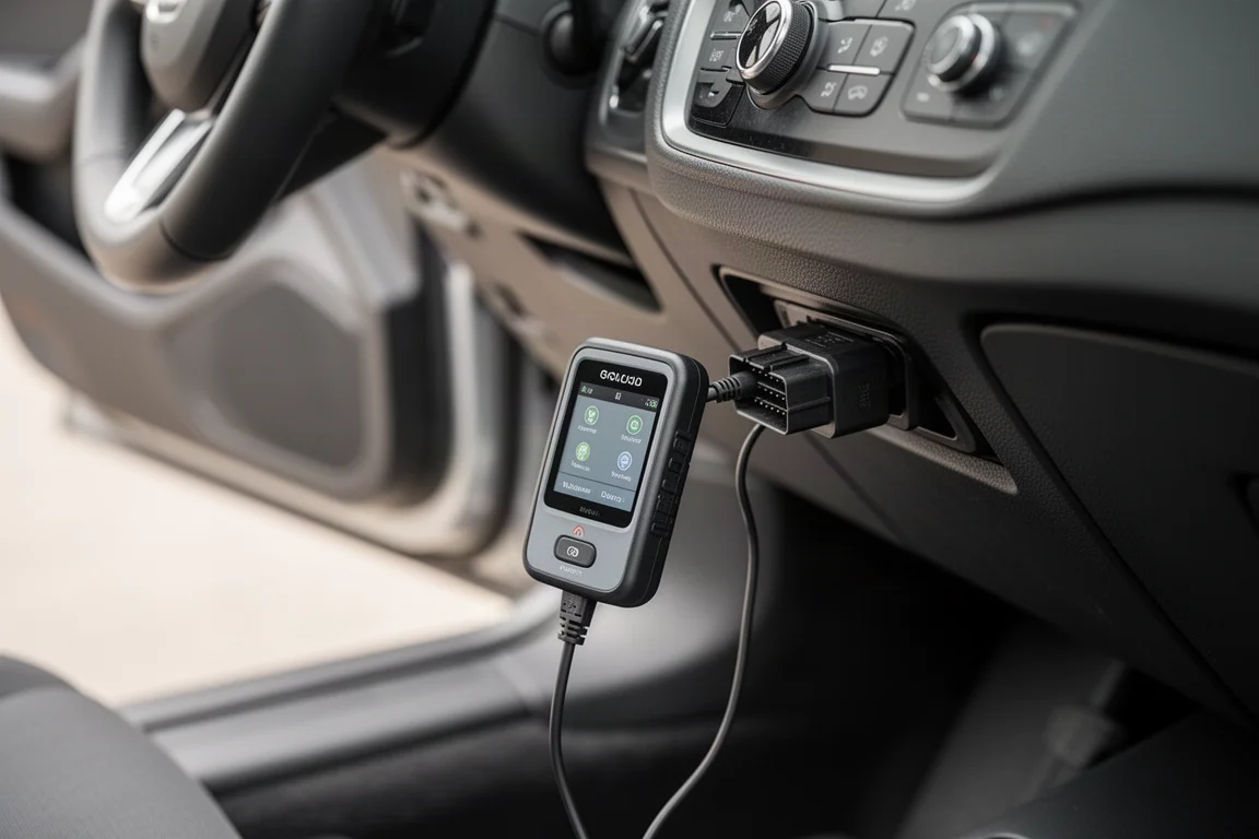 OBD2 scanner plugged into the diagnostic port under a car dashboard