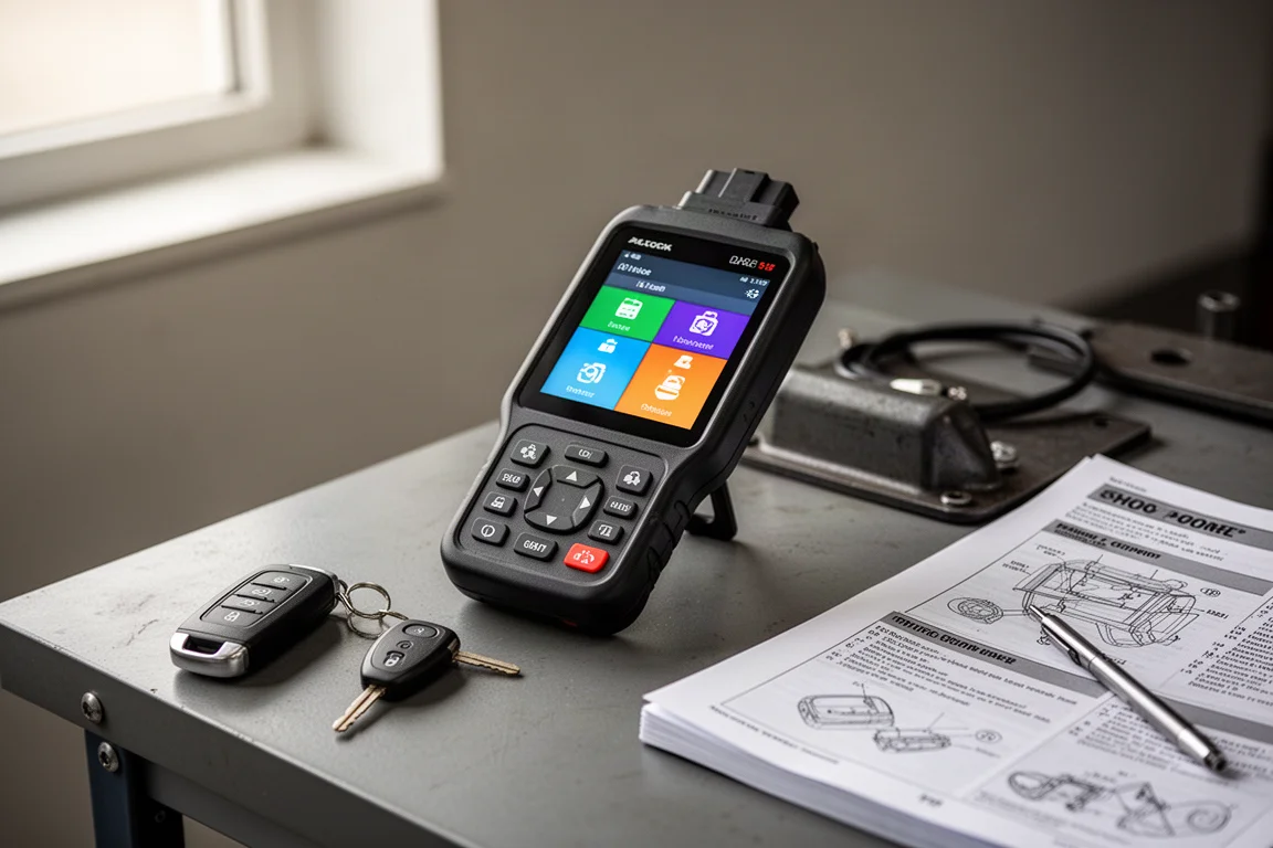 Handheld scan tool displaying diagnostic codes on a colour touchscreen