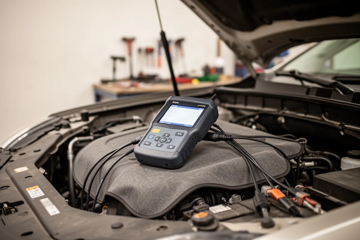 Car diagnostic scan tool connected to an engine bay during maintenance