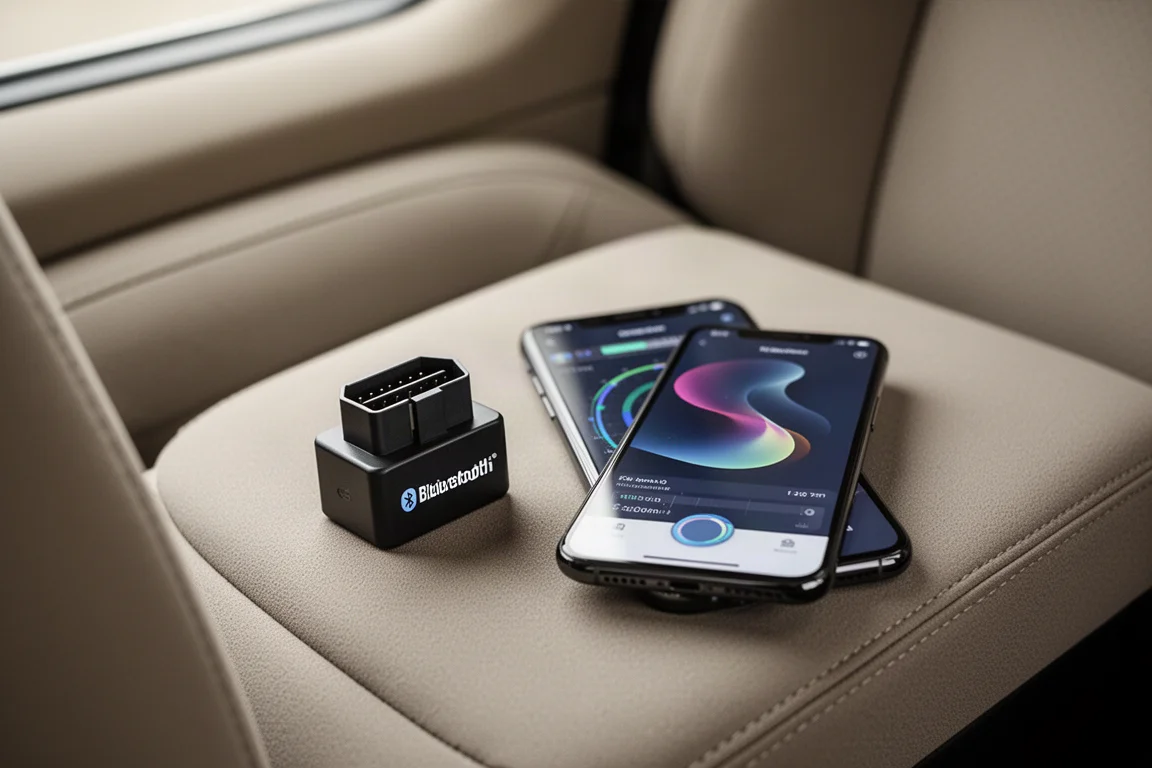 Bluetooth OBD2 dongle paired with a smartphone in a car interior