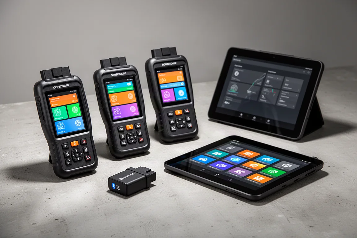Collection of Xtool diagnostic scan tools arranged on a concrete surface