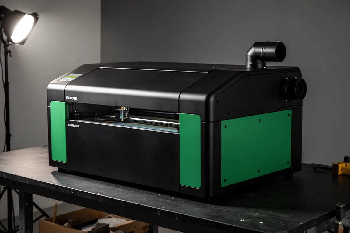 Enclosed black desktop laser cutter with green accents on a workshop bench