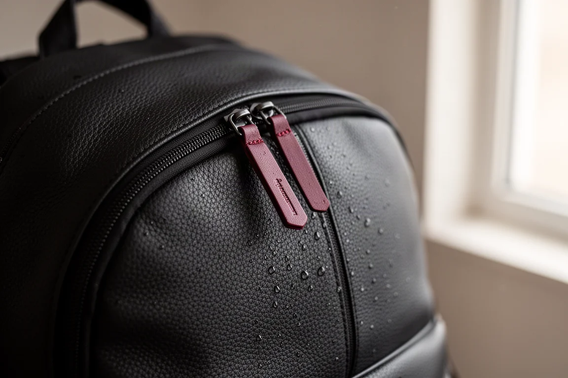 Close-up of the black leather-look recycled fabric with maroon zipper accents on the backpack