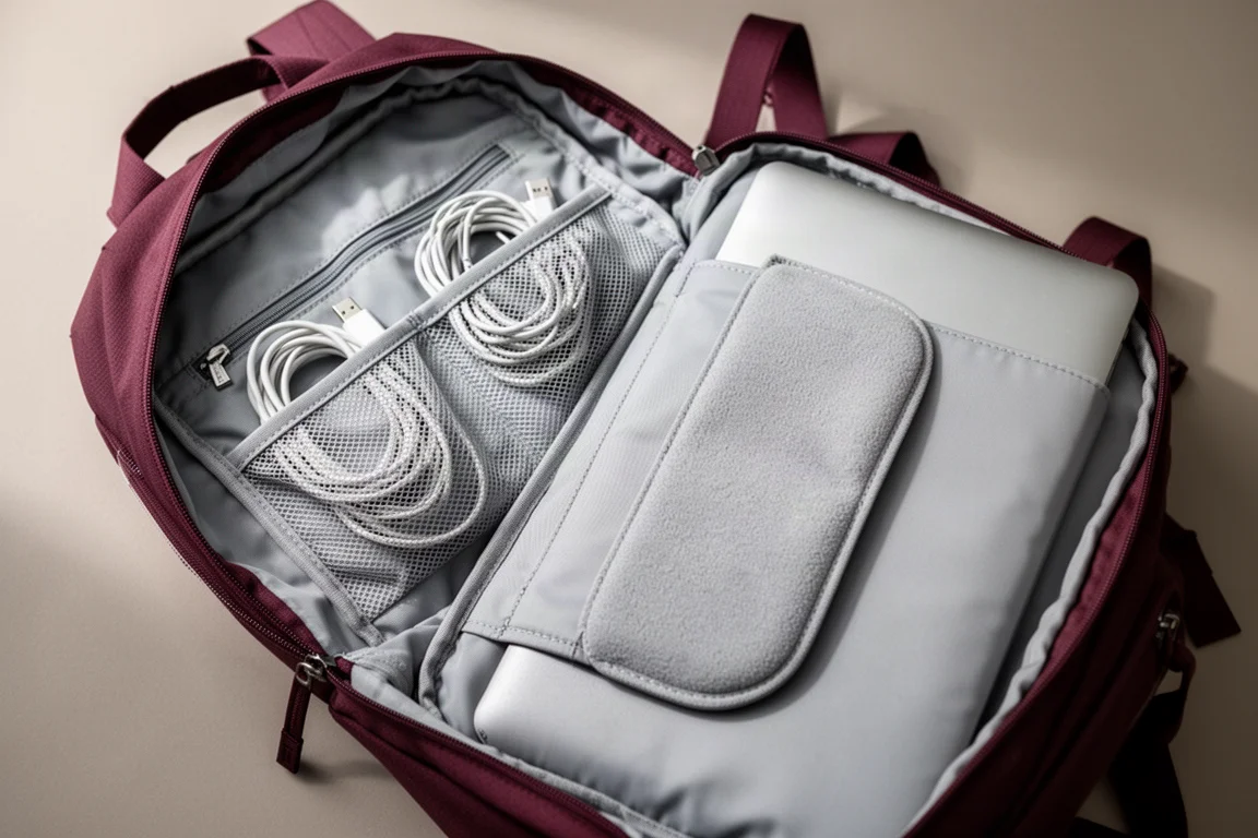 Open main compartment showing light gray interior with mesh pockets and a padded laptop sleeve