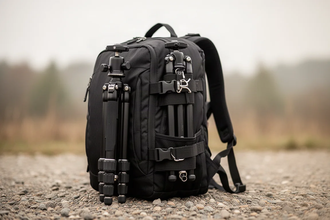 Backpack side straps cinched around a compact travel tripod on location