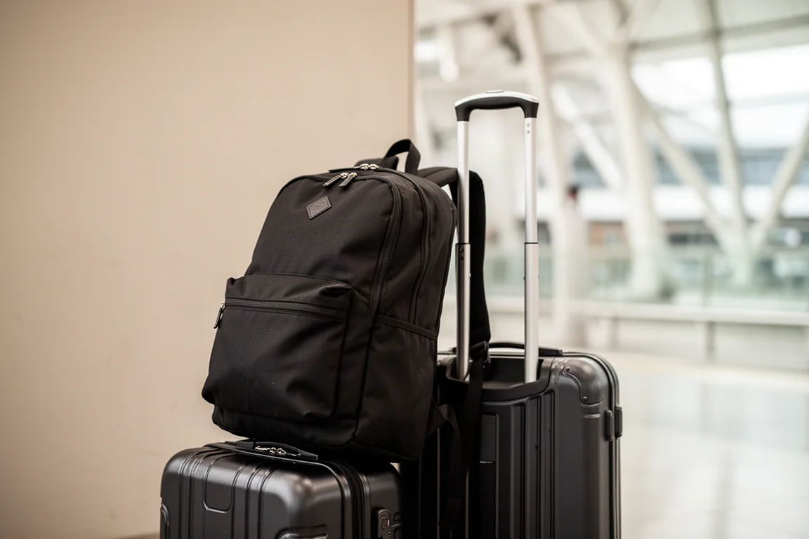 Traveler wearing the backpack at an airport next to rolling luggage with a telescopic handle