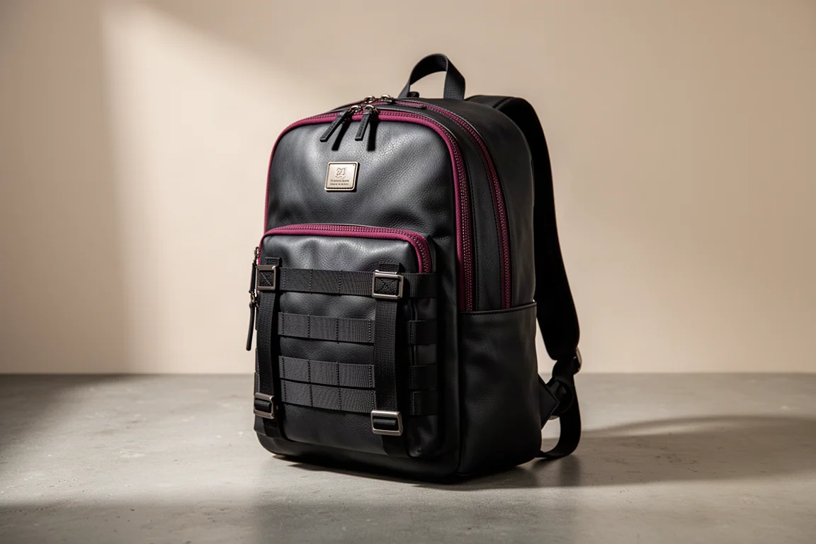 XTR Grid Backpack in black with maroon accents on a concrete surface
