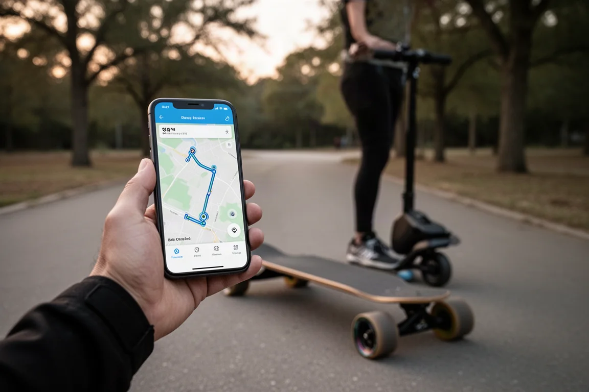 騎士在電動滑板旁查看手機應用程式中的 GPS 騎乘數據