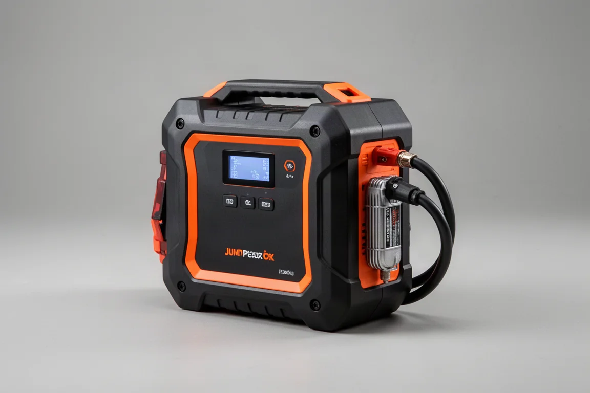 Flat-lay of ten automotive tools including dash cam, air duster, jump starter, and space heater on concrete surface