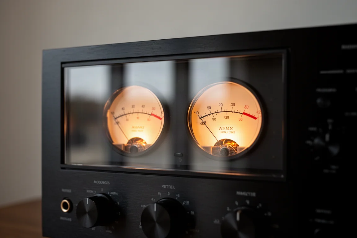 Primo piano di indicatori di livello analogici illuminati dietro il vetro di un ricevitore stereo nero