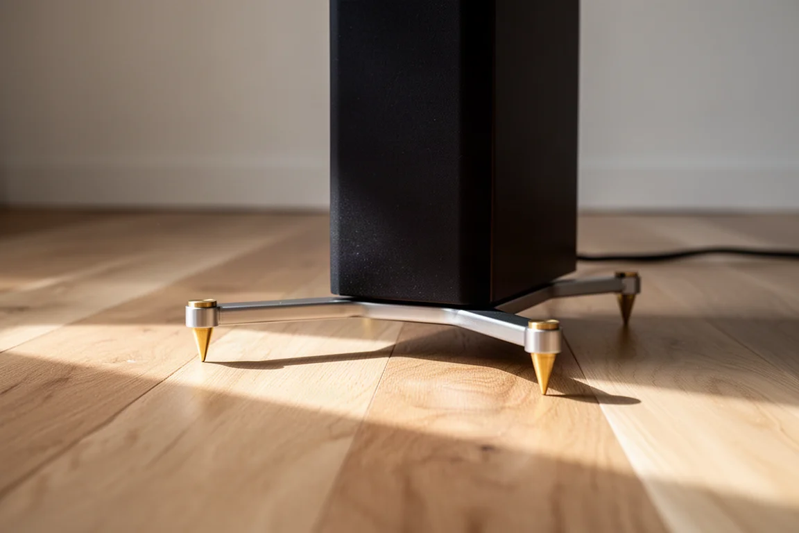 Base outrigger per diffusori con punte in ottone appoggiata su un pavimento in rovere massello