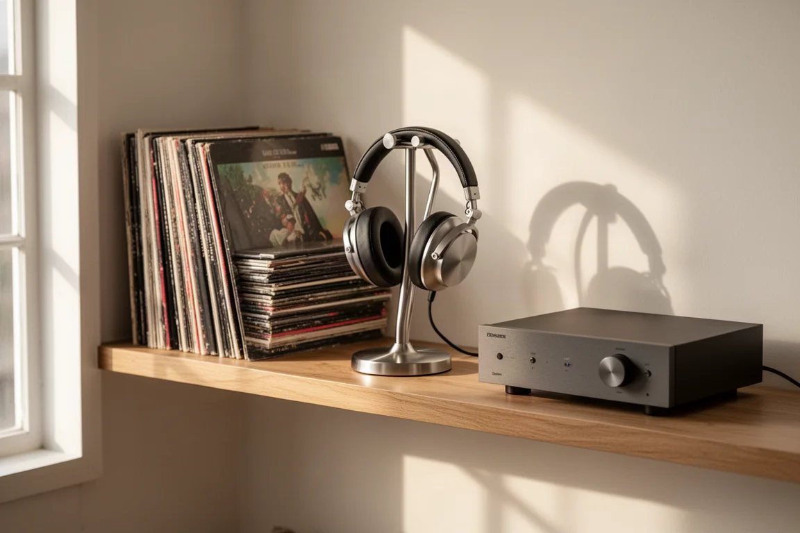 Dischi in vinile e un amplificatore compatto su una mensola di legno nella luce pomeridiana