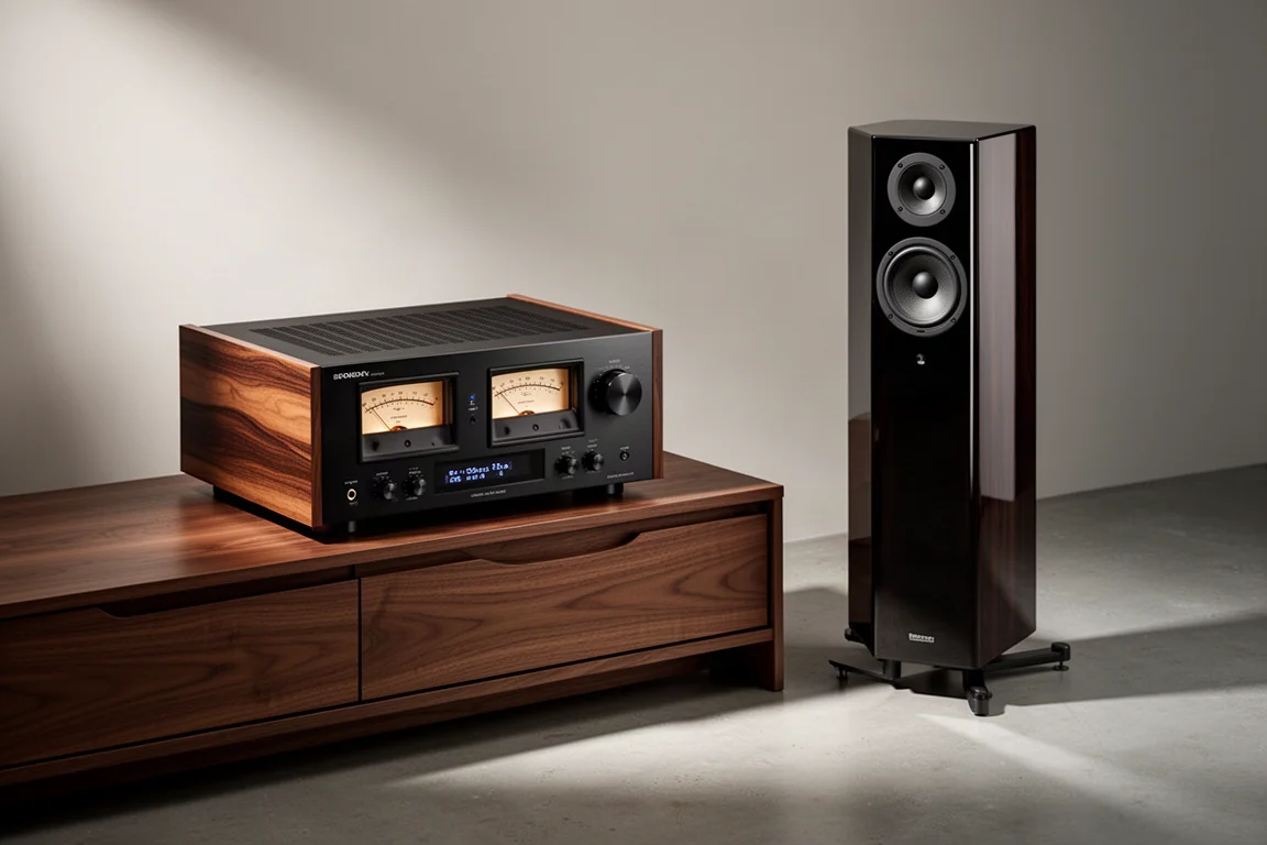 Black stereo receiver with wood side panels beside a slim floorstanding tower speaker