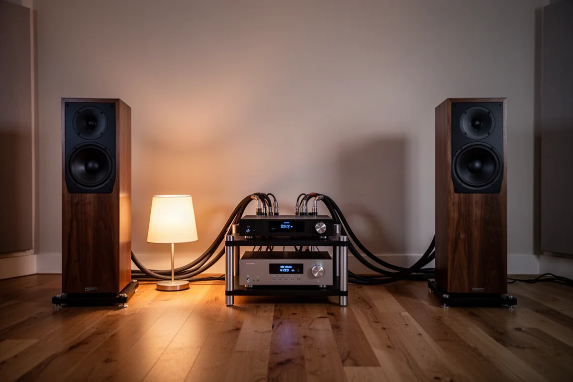 Sala de audição silenciosa ao anoitecer com caixas, rack de equipamentos e cabos balanceados