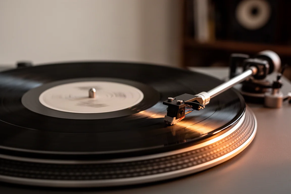 Close-up de um disco de vinil girando em uma vitrola com o braço abaixado
