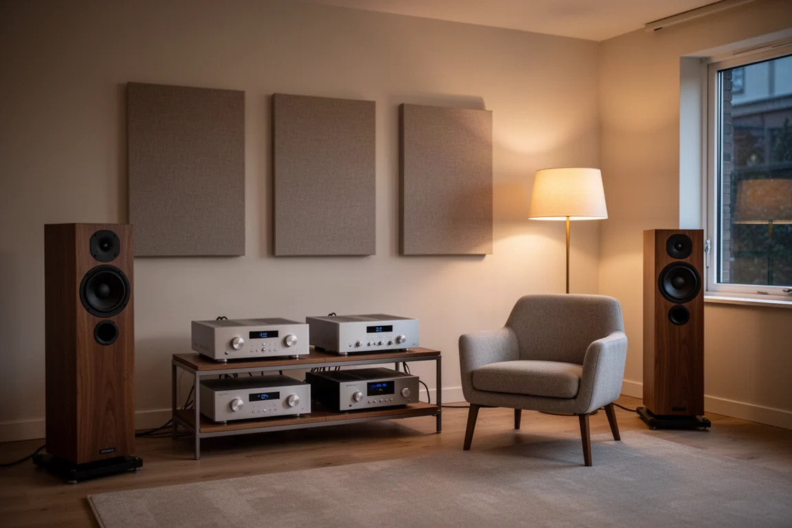 Sala de audição à noite com componentes hi-fi separados, caixas torre e um abajur de pé