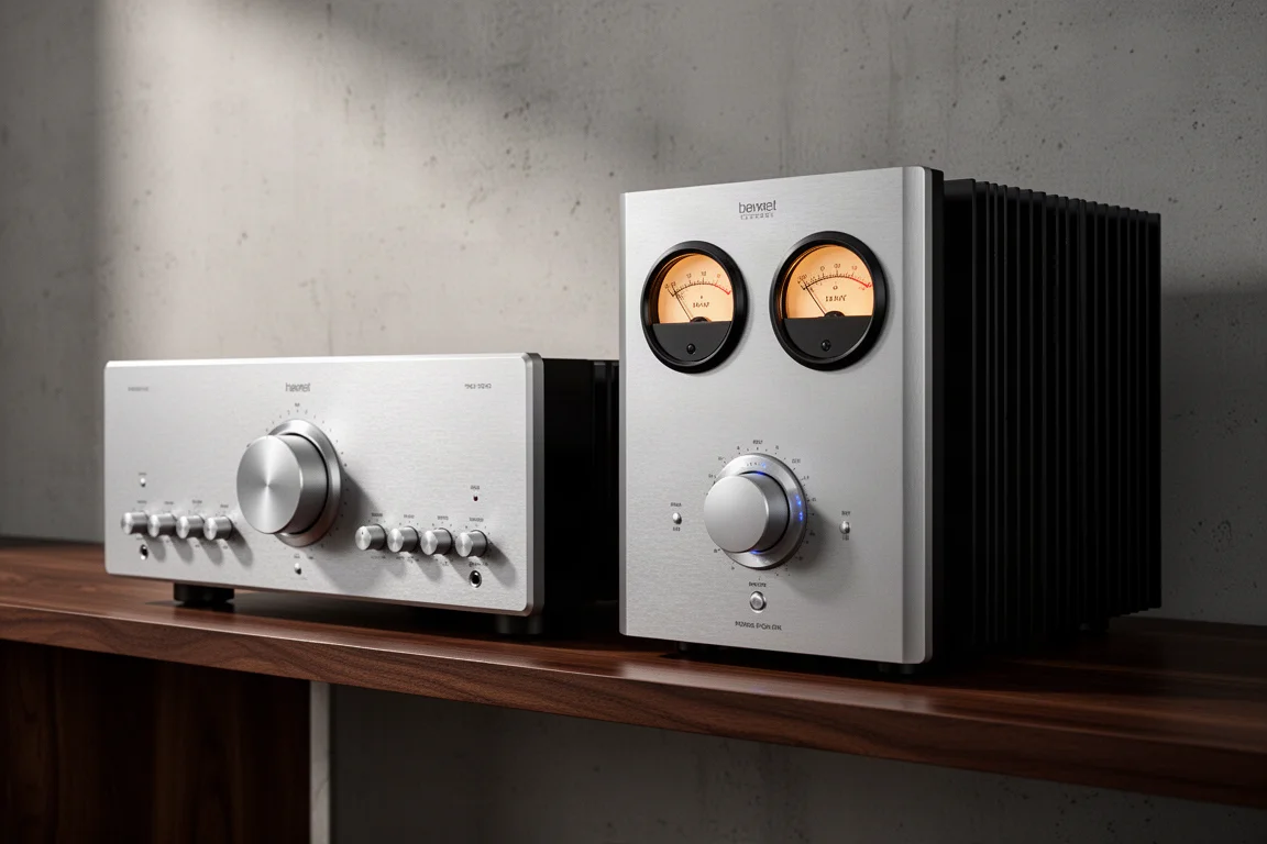 Two high-end hi-fi separates with silver front panels on a dark walnut shelf