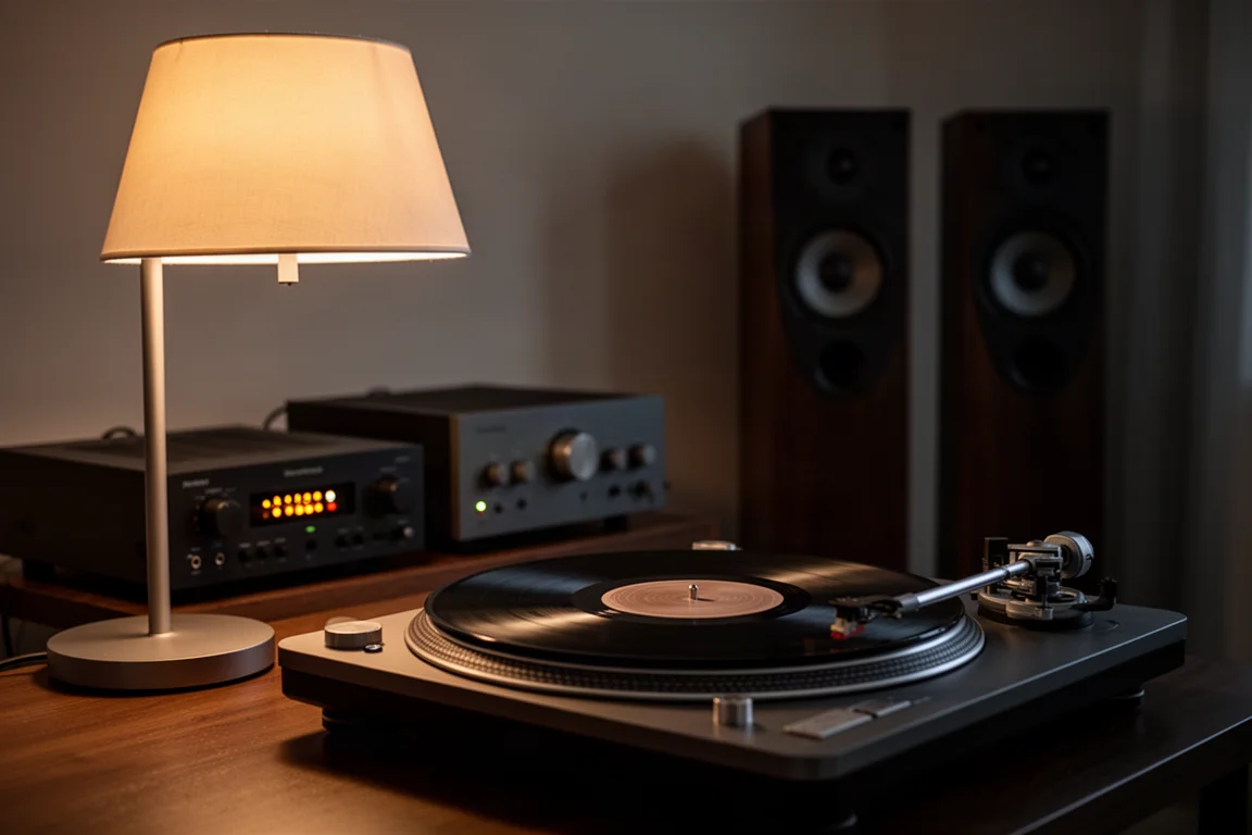 Abendliches Hör-Setup mit drehendem Plattenteller, warmem Lampenlicht und Standlautsprechern